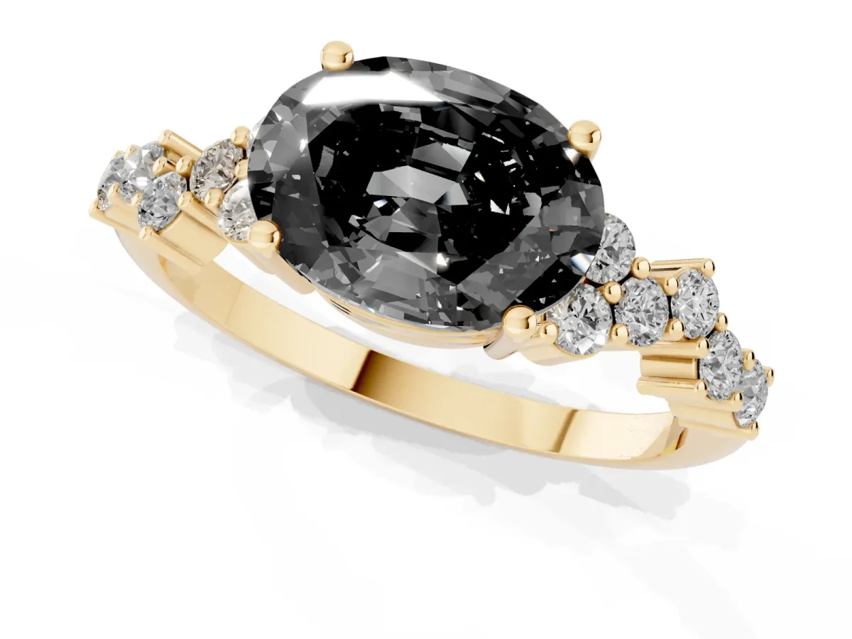 Fancy Black Oval Cut Diamond Scattered Round Accent Ring with Prong Setting Yellow gold