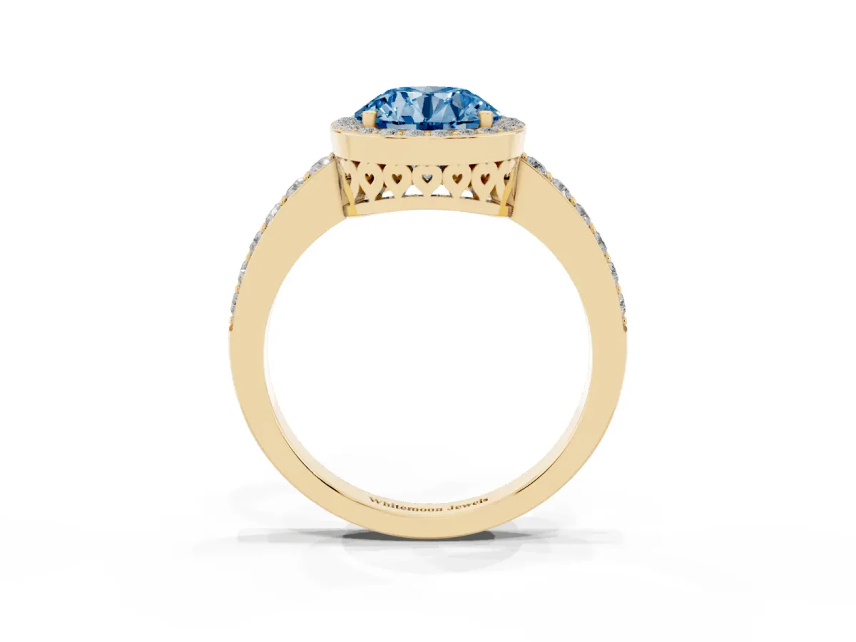 Fancy Blue Round Cut Halo Diamond Pavé Band Ring with Prong Setting Yellow gold