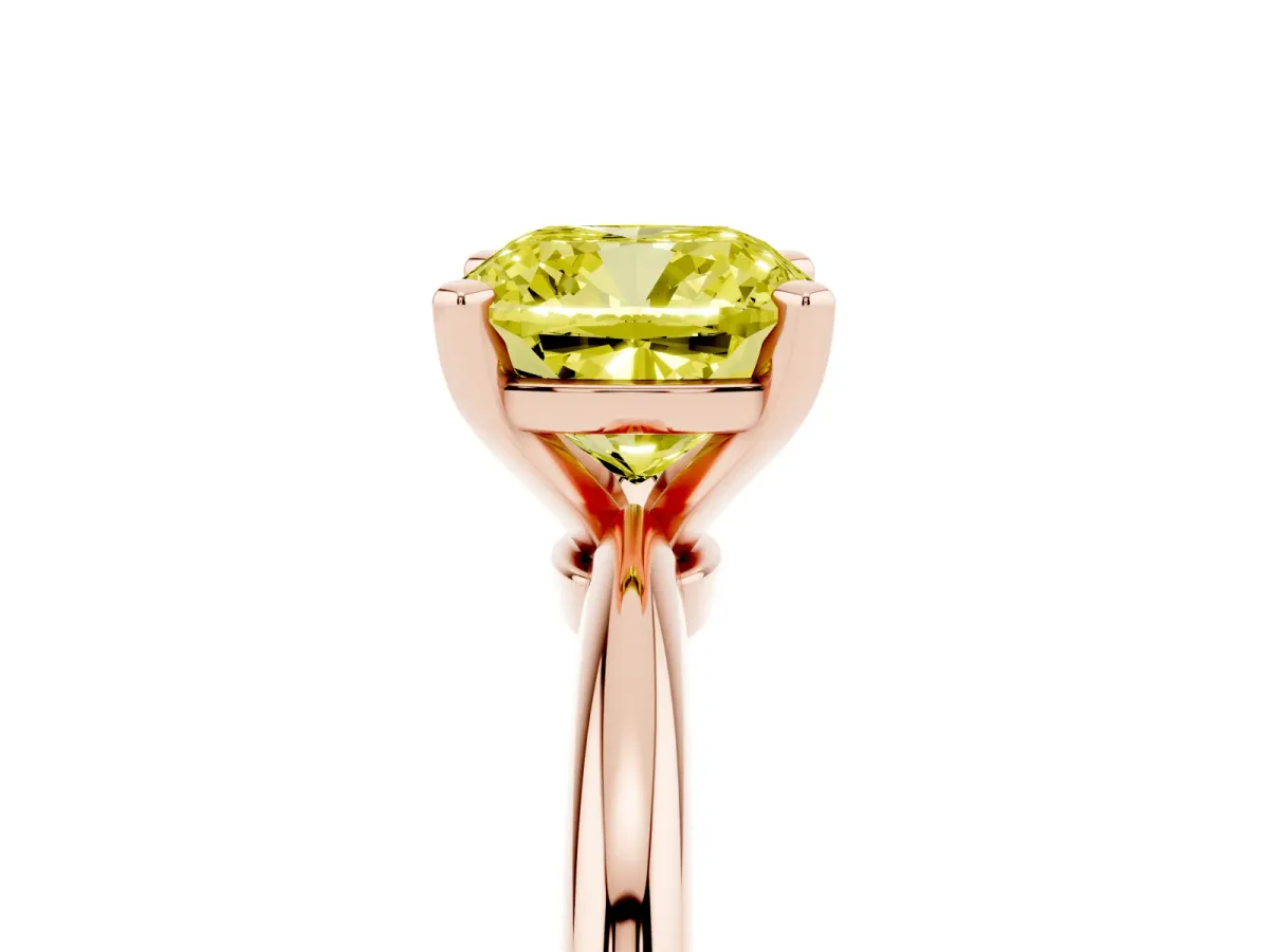 Fancy Yellow Cushion Cut Diamond Solitaire Ring with Prong Setting and Classic Band Rose gold