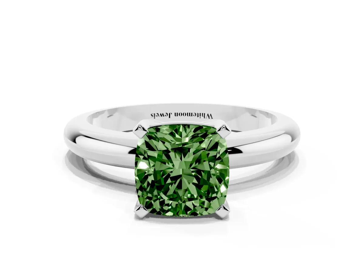 Fancy Green Cushion Cut Diamond Solitaire Engagement Ring with Round Band and Four-Prong Setting Silver