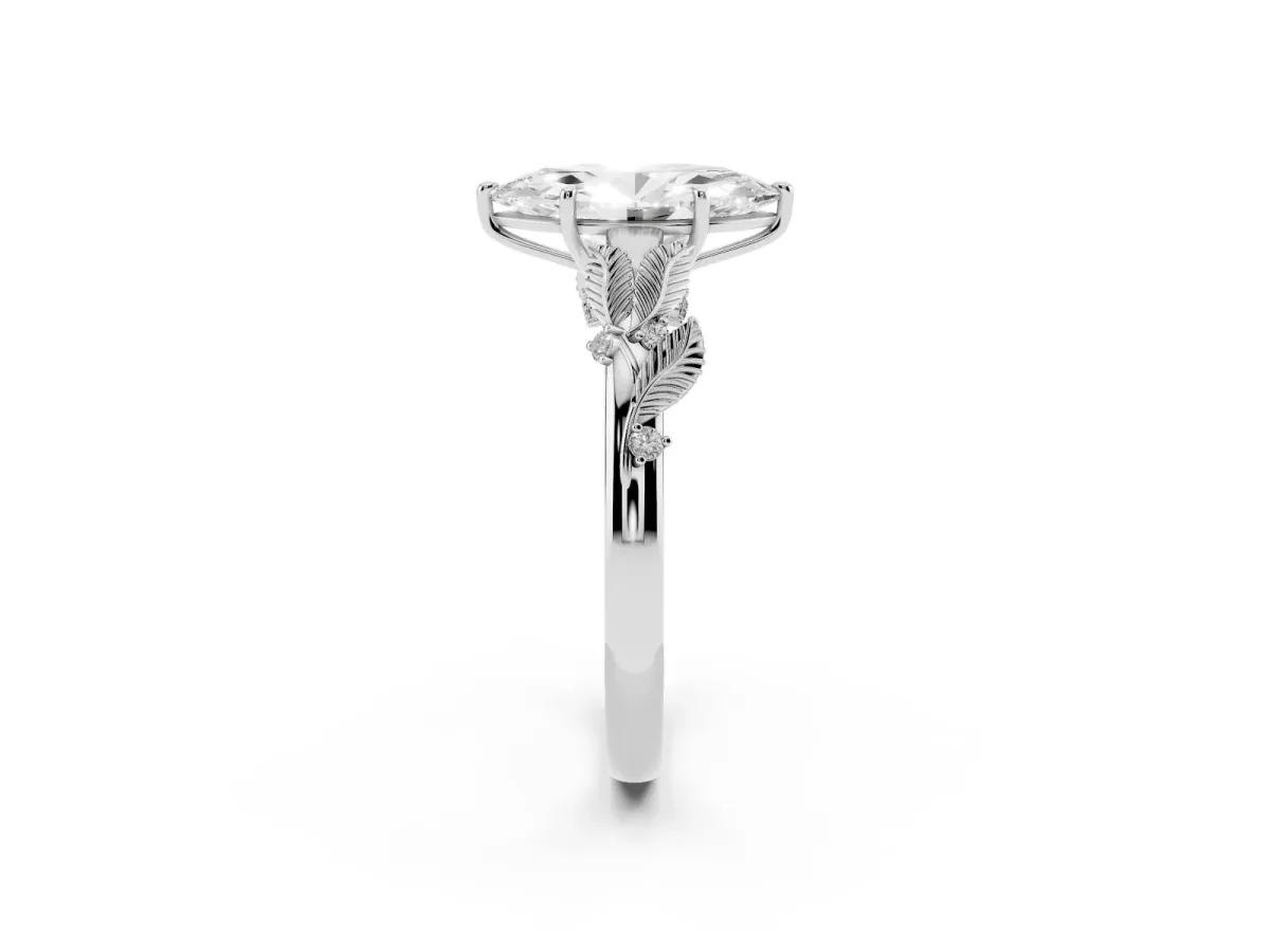 Marquise Cut Diamond Solitaire Ring with Leaf Motif Band and Four-Prong Setting Silver