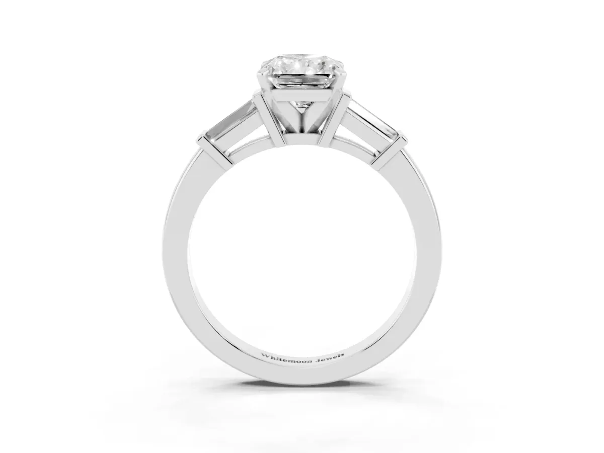 Radiant Cut Cut Diamond Solitaire Ring with Tapered Baguette Accents and Four-Prong Setting Silver