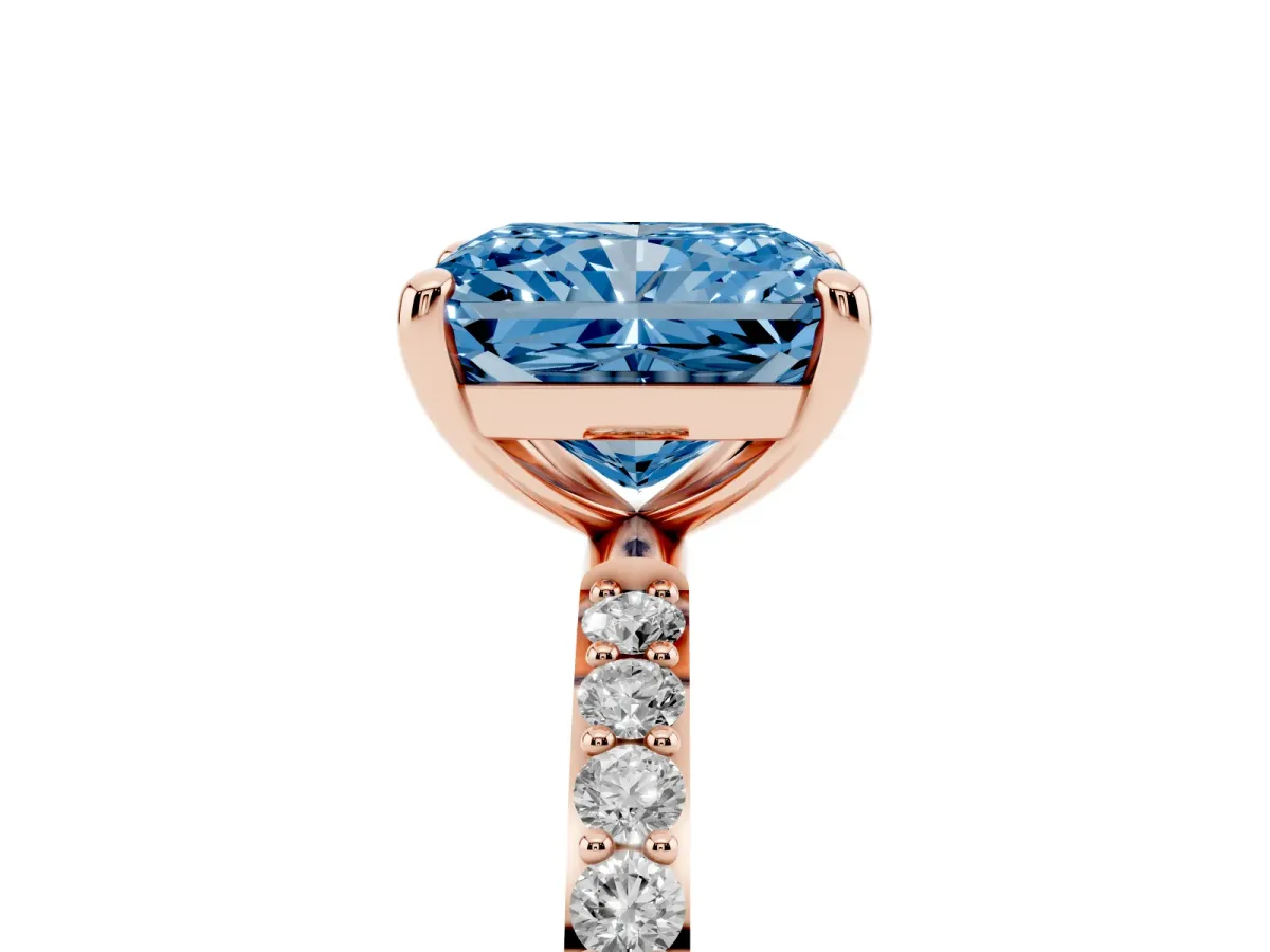 Fancy Blue Radiant Cut Diamond Solitaire Ring with Round Pavé Band and Prong Setting Rose gold