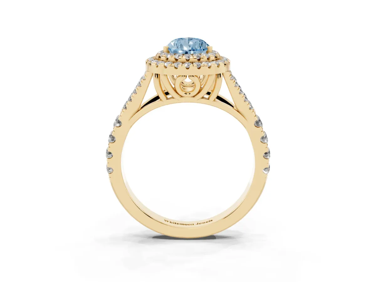 Fancy Blue Double Halo Pear Cut Diamond Split Shank Engagement Ring with Four-Prong Setting Yellow gold