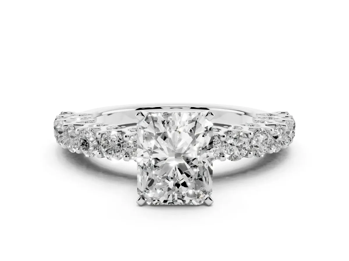 Radiant Cut Diamond Solitaire Ring with Shared Prong Pavé Band and Four-Prong Setting Platinum