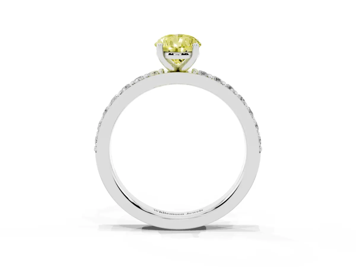 Fancy Yellow Pear Cut Cut Diamond Solitaire with Pave Band and Four-Prong Setting Silver
