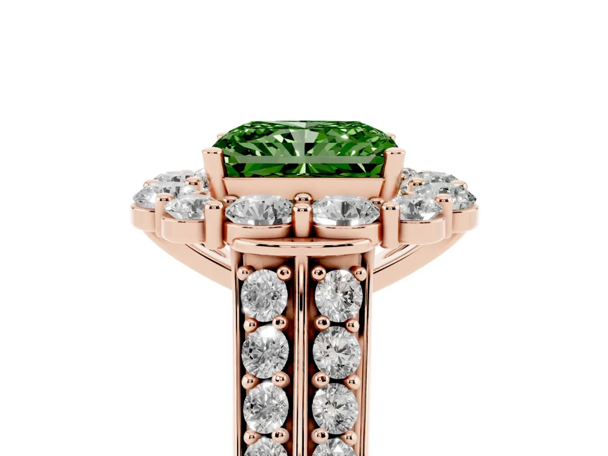 Fancy Green Radiant Cut Halo Diamond Engagement Ring with Split Shank and Prong Setting Rose gold