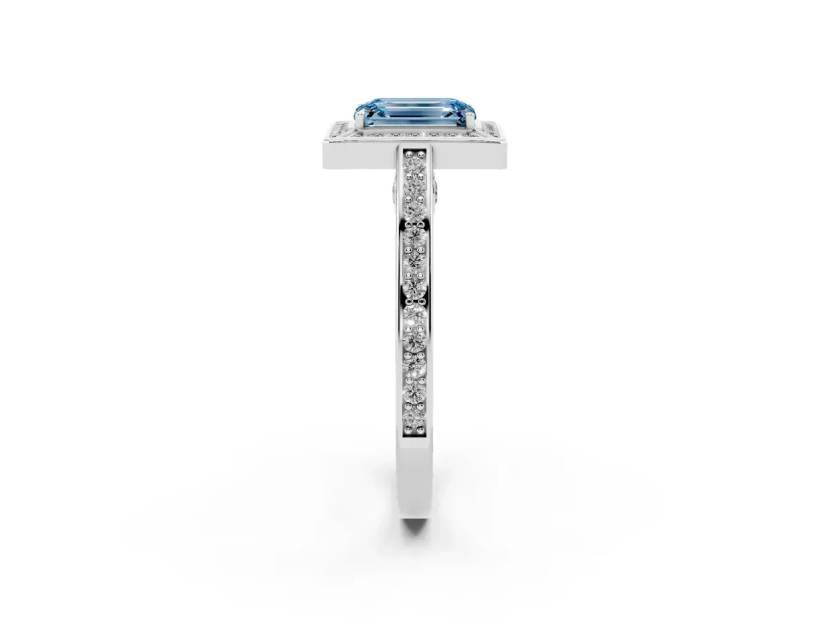 Fancy Blue Emerald Cut Cut Halo Pave Split Shank Prong Setting Ring Platinum