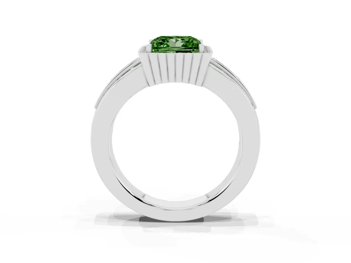Fancy Green Princess Cut Cut Halo Pave Band Four-Prong Ring Silver