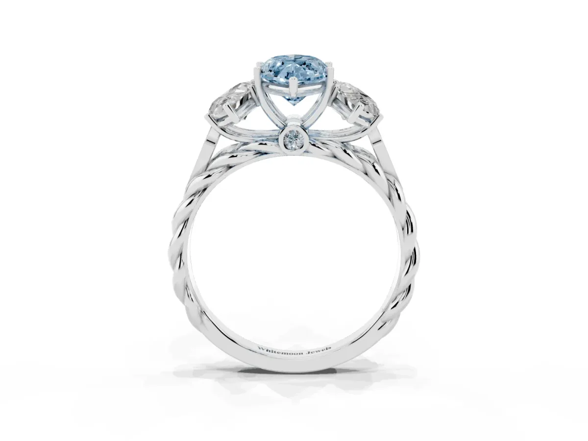 Fancy Blue Three-Stone Marquise Cut Diamond Braided Band Ring with Four-Prong Setting Platinum