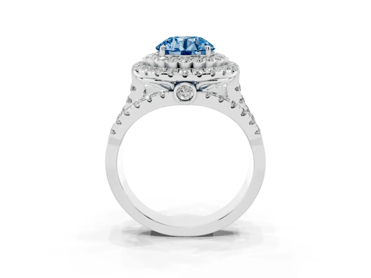 Fancy Blue Round Cut Diamond Double Halo Ring with Round Pavé Split Shank and Prong Setting Silver
