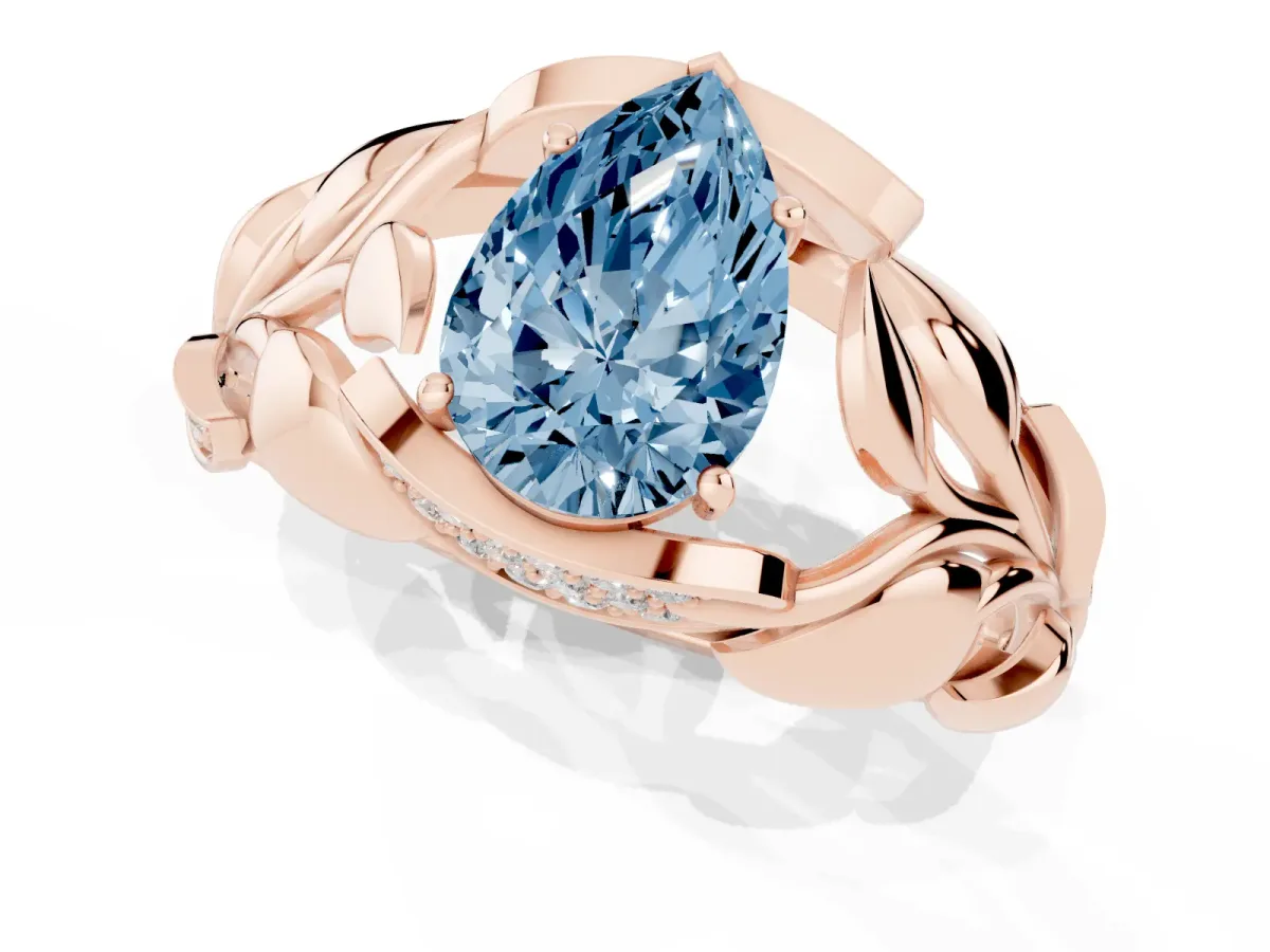 Fancy Blue Pear Cut Diamond Leaf-Inspired Engagement Ring with Round Accents and Prong Setting Rose gold