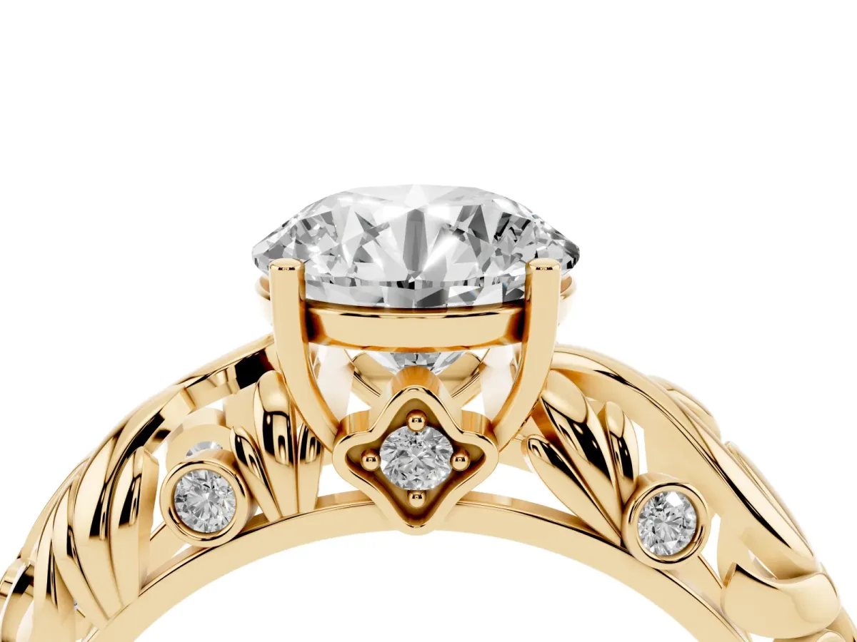 Round Cut Solitaire Diamond Leaf-Inspired Vine Band Ring with Prong Setting Yellow gold