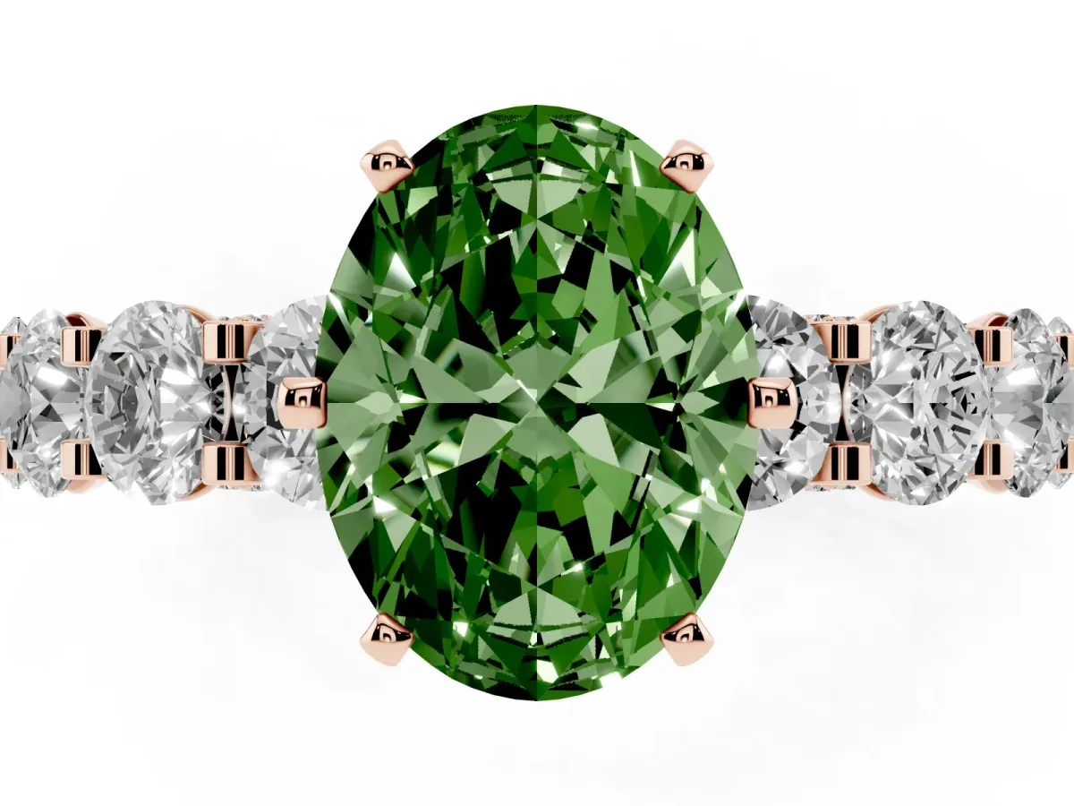 Fancy Green Oval Cut Diamond Side Stone Engagement Ring with Four-Prong Setting Rose gold