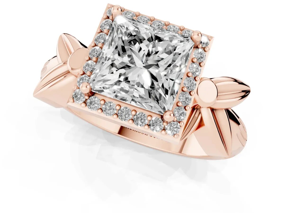 Princess Cut Halo Diamond Floral Band with Four-Prong Setting Rose gold
