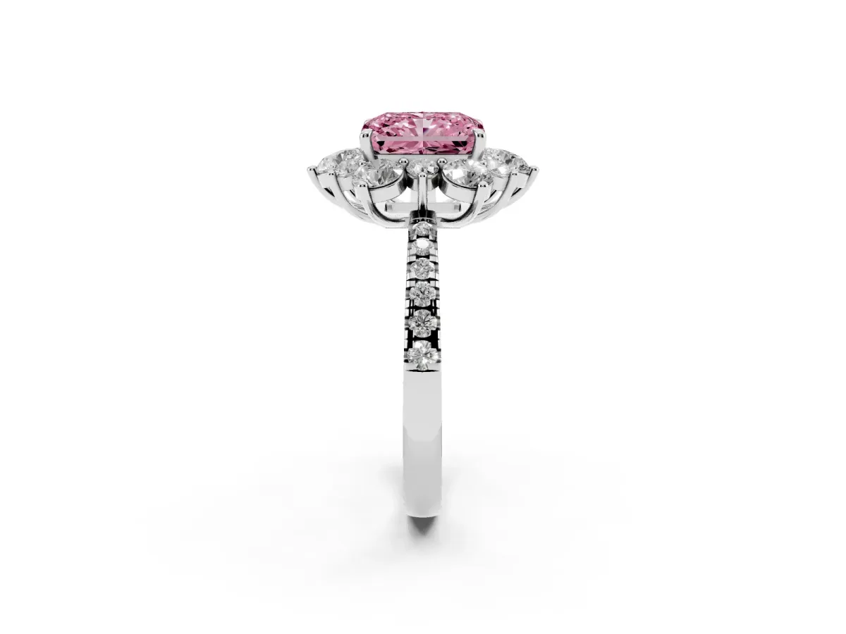Fancy Pink Radiant Cut Diamond Floral Halo Ring with Round Pavé Band and Prong Setting Silver