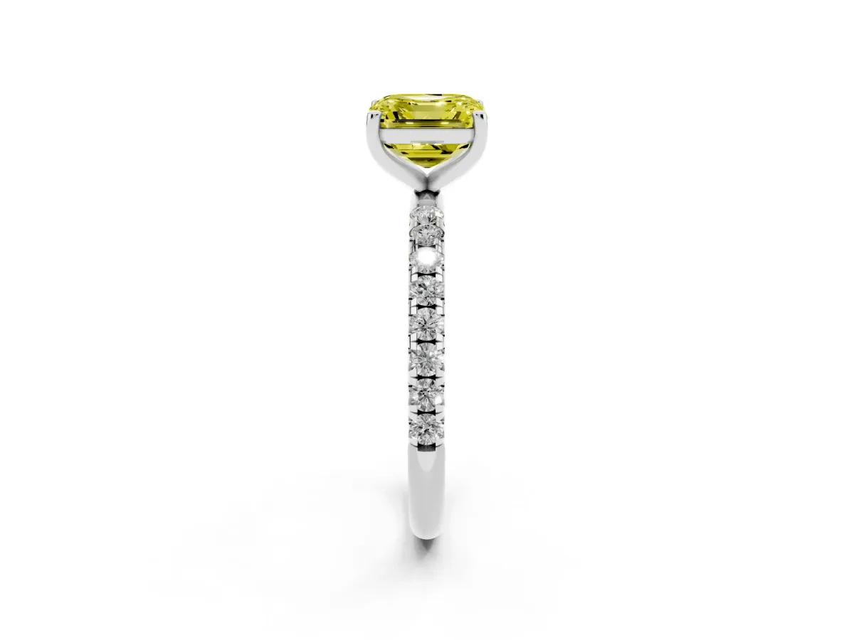 Fancy Yellow Asscher Cut Cut Diamond Solitaire Ring with Micro Pave Band and Four Prong Setting Platinum