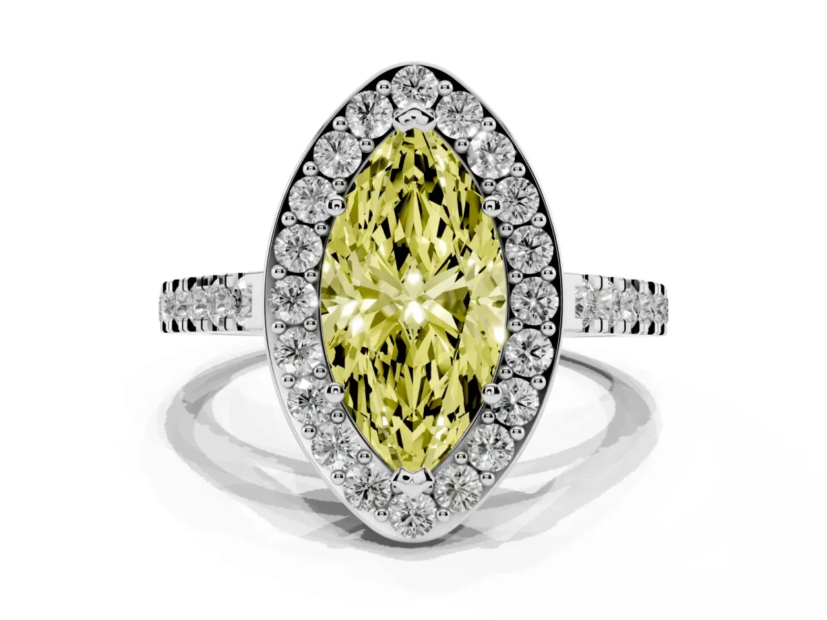 Fancy Yellow Marquise Cut Diamond Halo Ring with Round Pavé Split Shank and Prong Setting White gold