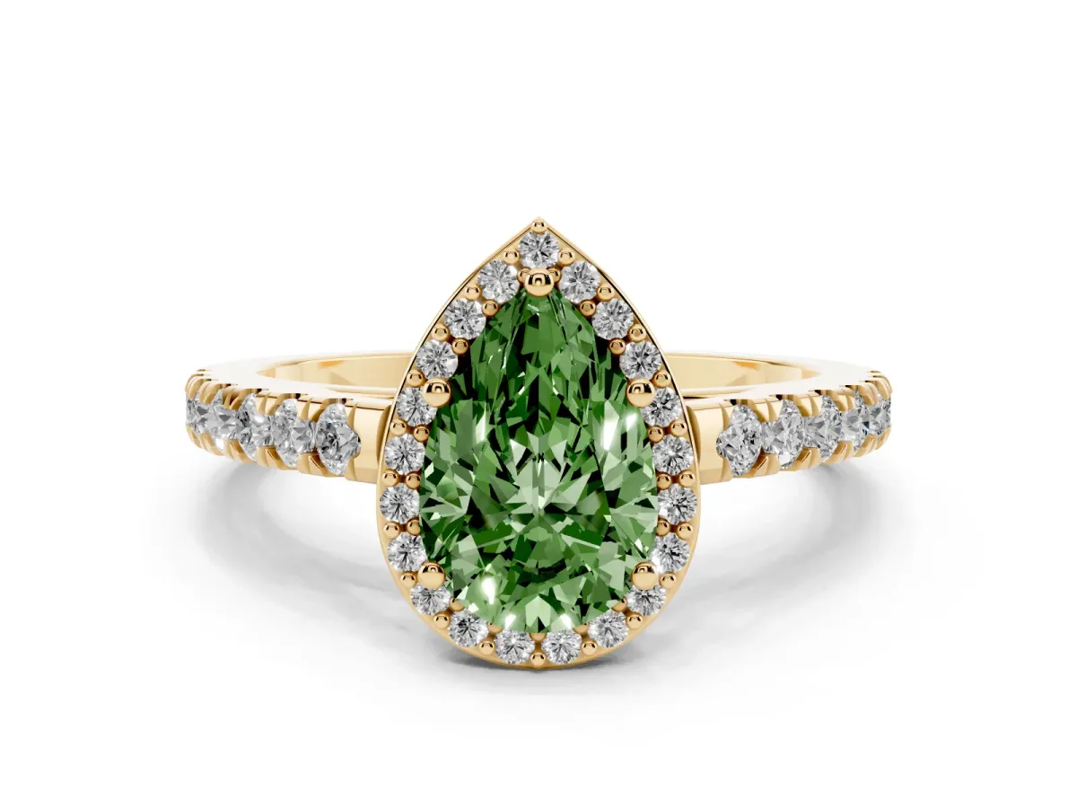 Fancy Green Pear Cut Cut Halo Diamond Engagement Ring with Pave Band and Four-Prong Setting Yellow gold