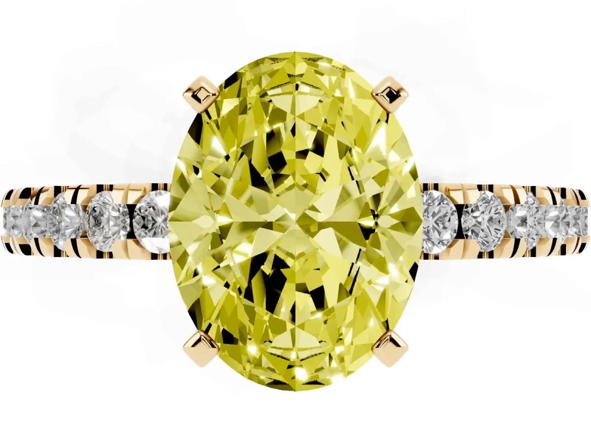 Fancy Yellow Oval Cut Solitaire Diamond with Pavé Band and Four-Prong Setting Yellow gold