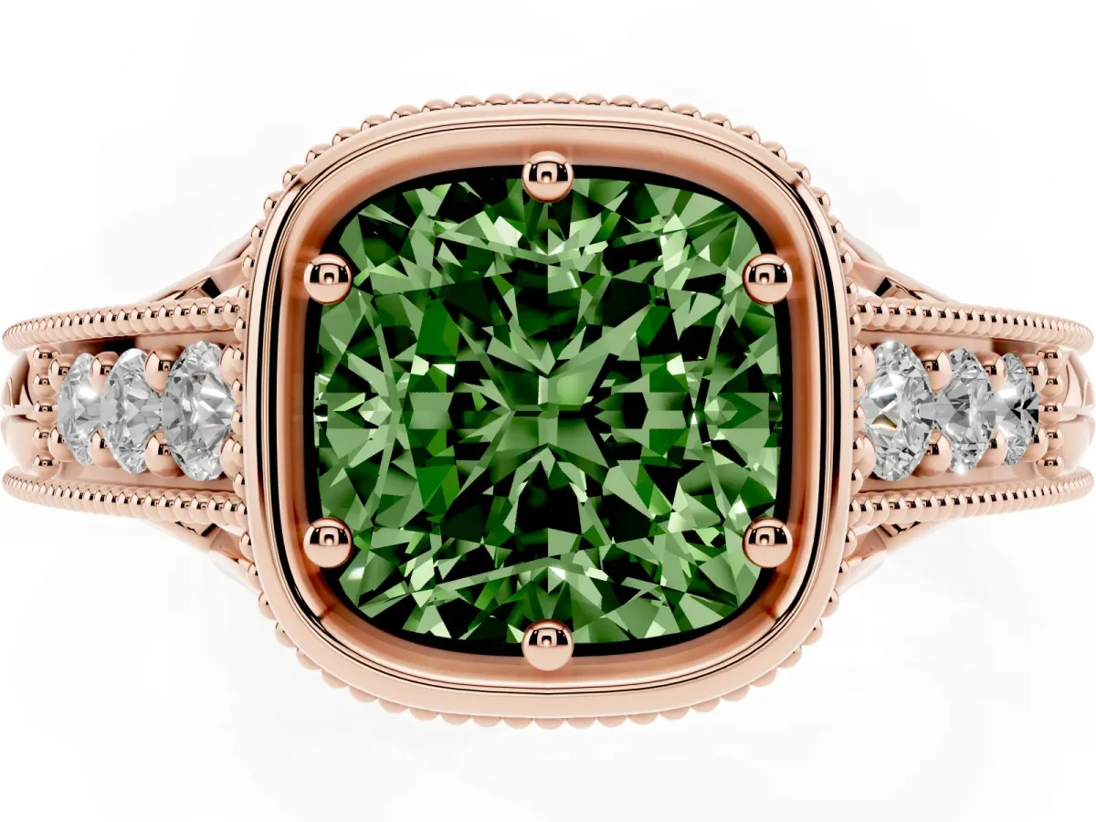 Fancy Green Bezel Set Cushion Cut Diamond Milgrain Pave Engagement Ring Rose gold