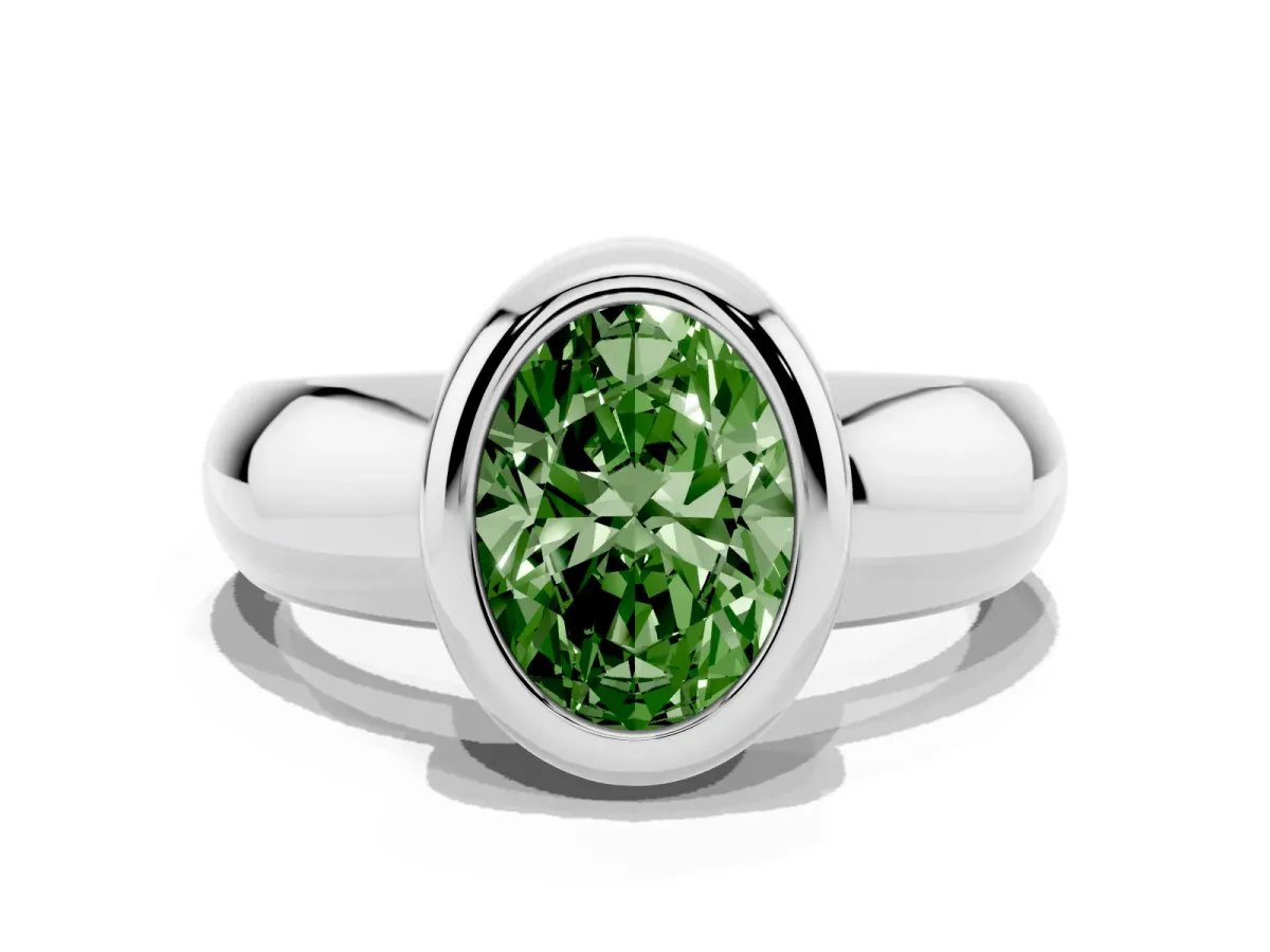 Fancy Green Bezel Set Oval Cut Solitaire Ring with Wide Band Silver