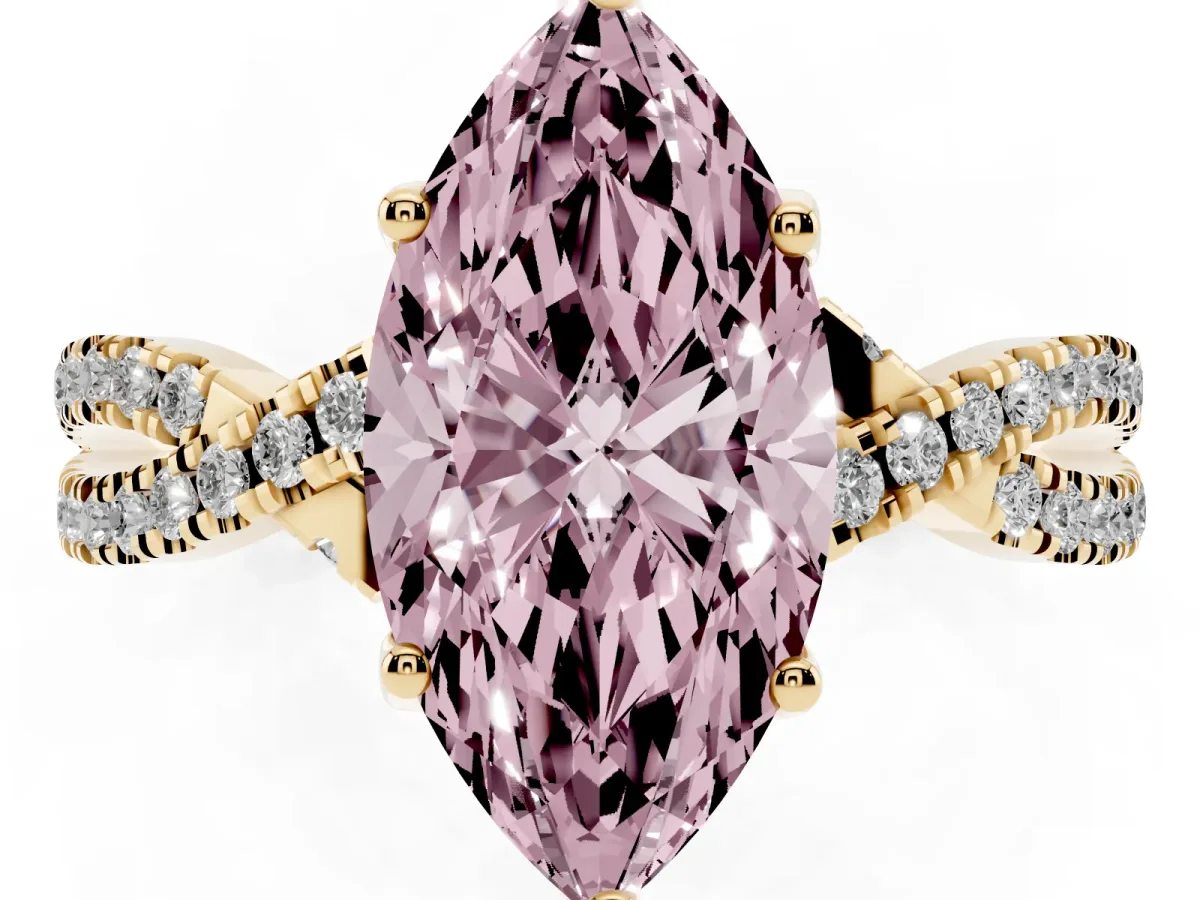 Fancy Pink Marquise Cut Solitaire Twist Pave Diamond Engagement Ring with Prong Setting Yellow gold
