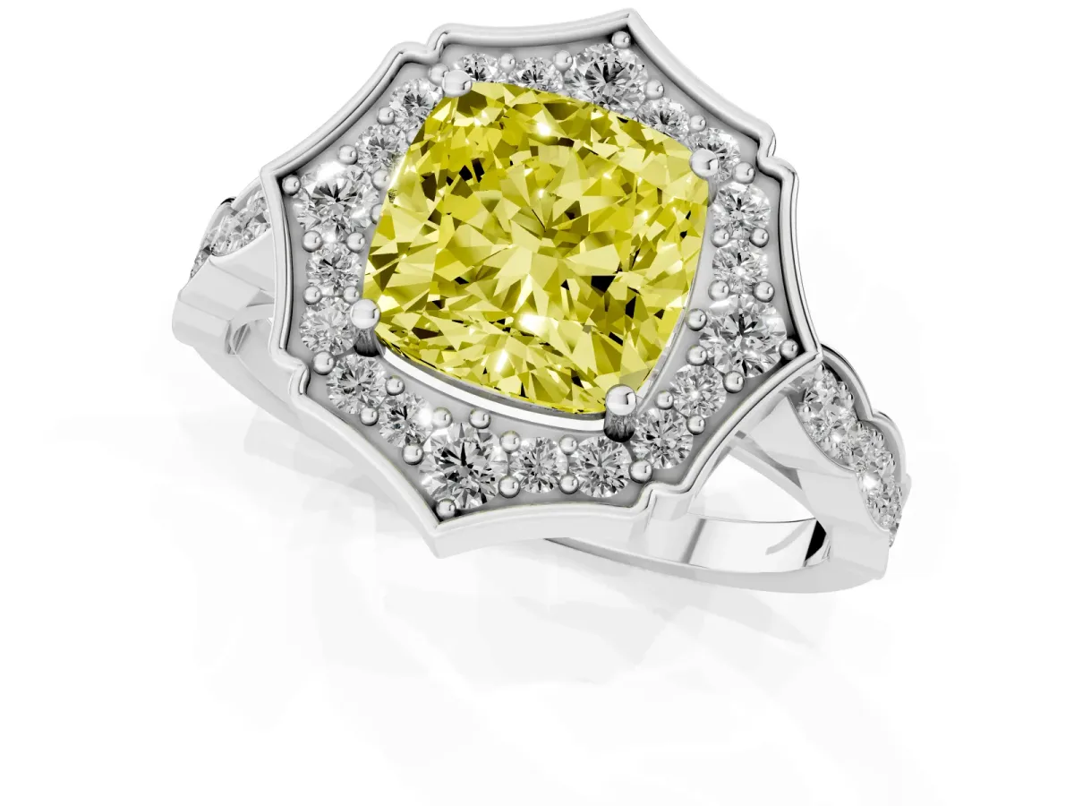 Fancy Yellow Cushion Cut Halo Diamond Engagement Ring with Milgrain Band and Four-Prong Setting Silver