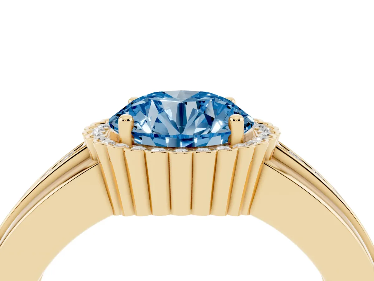 Fancy Blue Round Cut Cut Halo Pave Band Four-Prong Ring Yellow gold