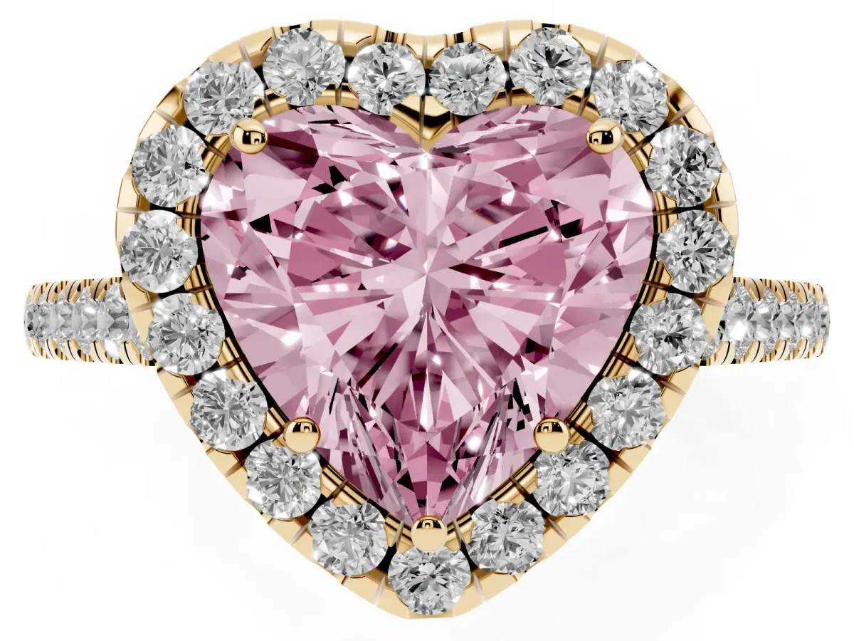 Fancy Pink Heart Cut Halo Pave Diamond Engagement Ring with Four-Prong Setting Yellow gold