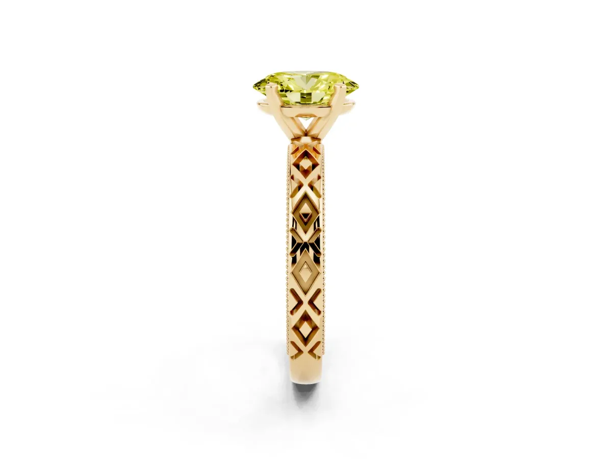 Fancy Yellow Oval Cut Solitaire Diamond Ring with Milgrain and Black Enamel X Pattern Band Yellow gold