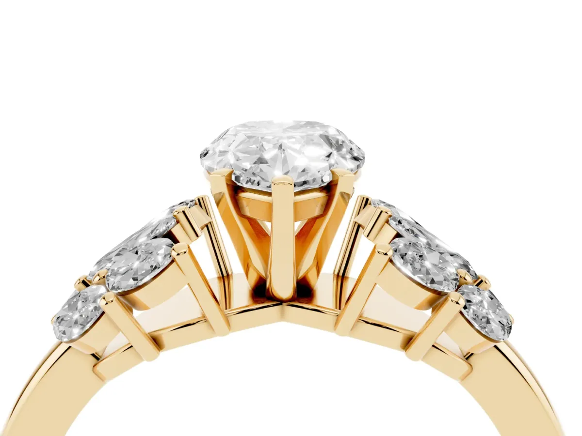 Pear Cut Diamond Cluster Leaf Design Ring with Prong Setting Yellow gold