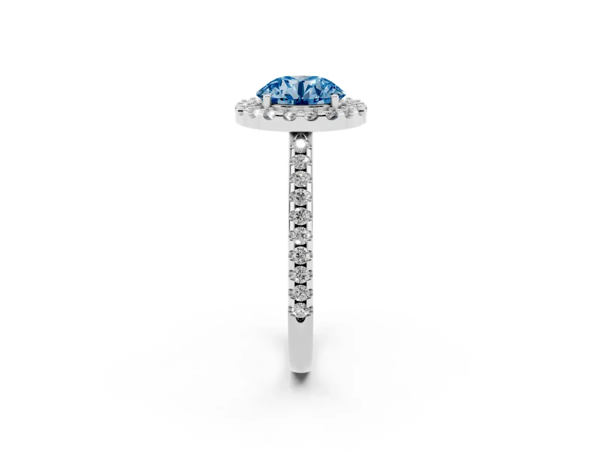 Fancy Blue Round Cut Diamond Pavé Halo Ring with Four-Prong Setting Platinum