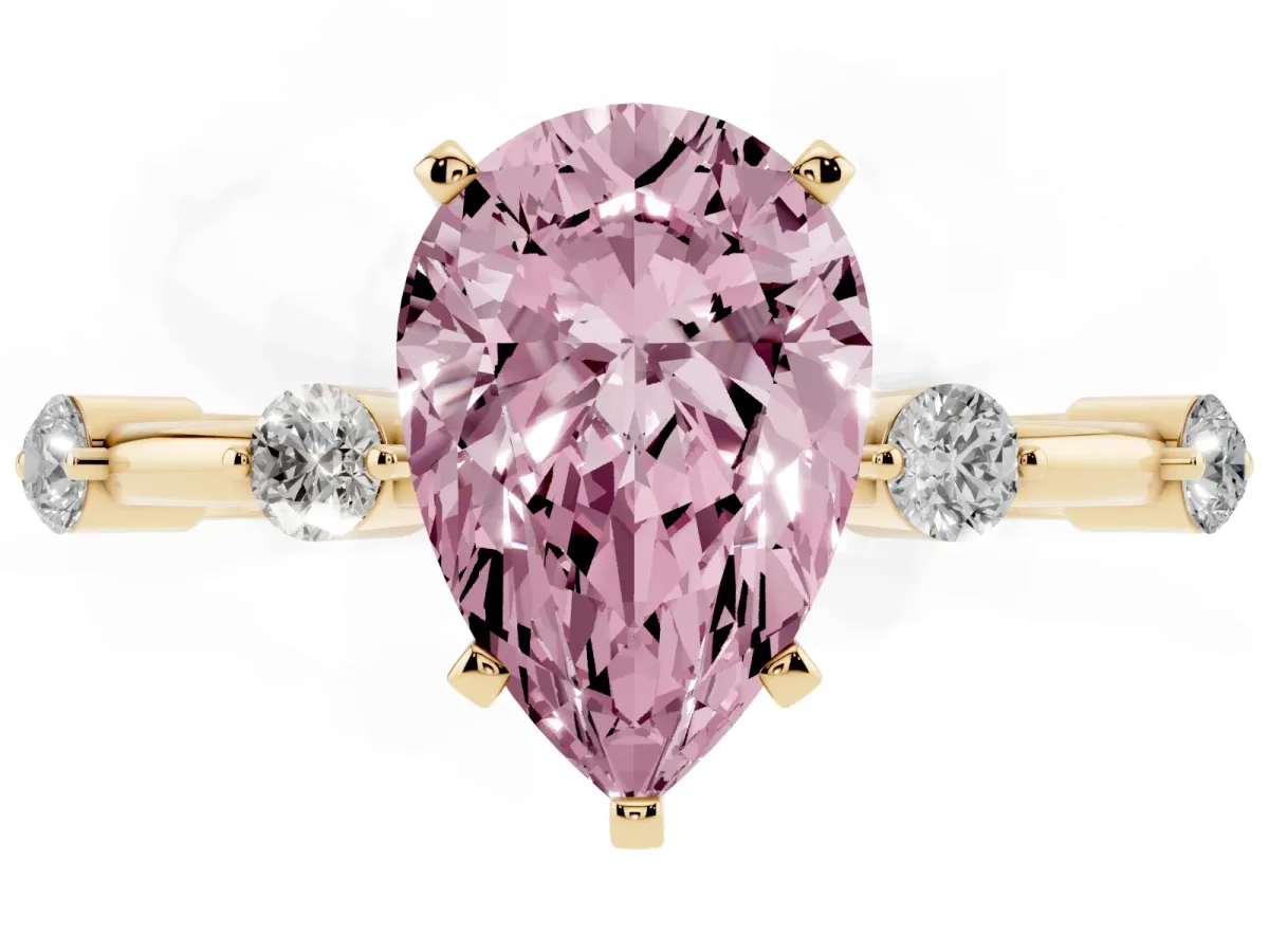 Fancy Pink Pear Cut Solitaire Diamond Ring with Bezel Set Side Stones and Prong Setting Yellow gold