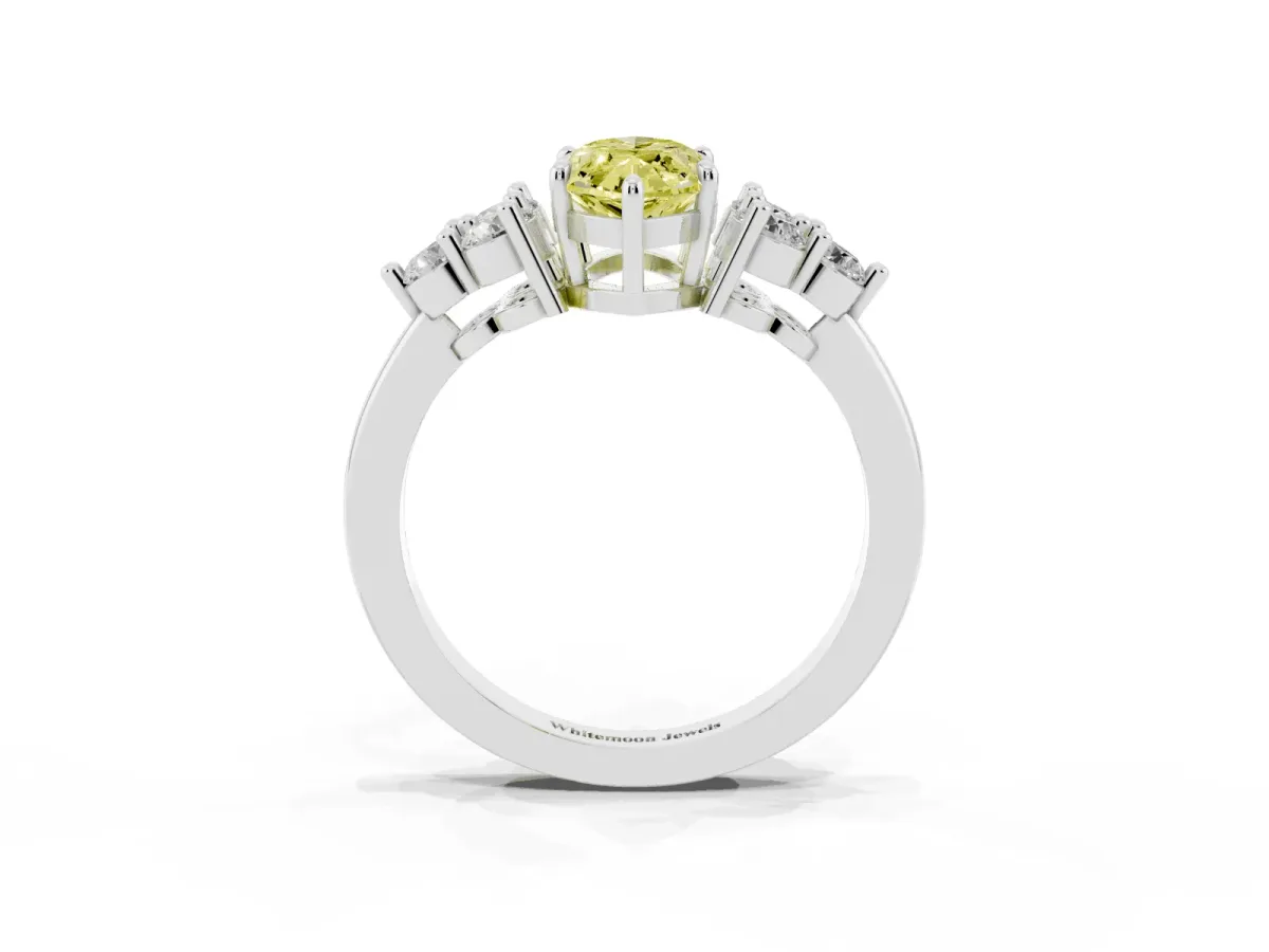 Fancy Yellow Marquise Cut Brilliant Diamond Cluster Accent Solitaire Ring with Prong Setting Silver