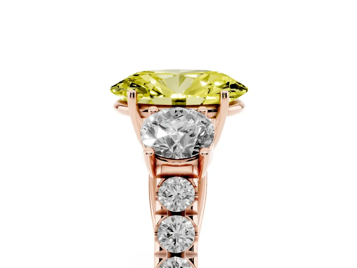 Fancy Yellow Oval Cut Cut Diamond Three-Stone Ring with Round Side Stones and Pavé Band Rose gold