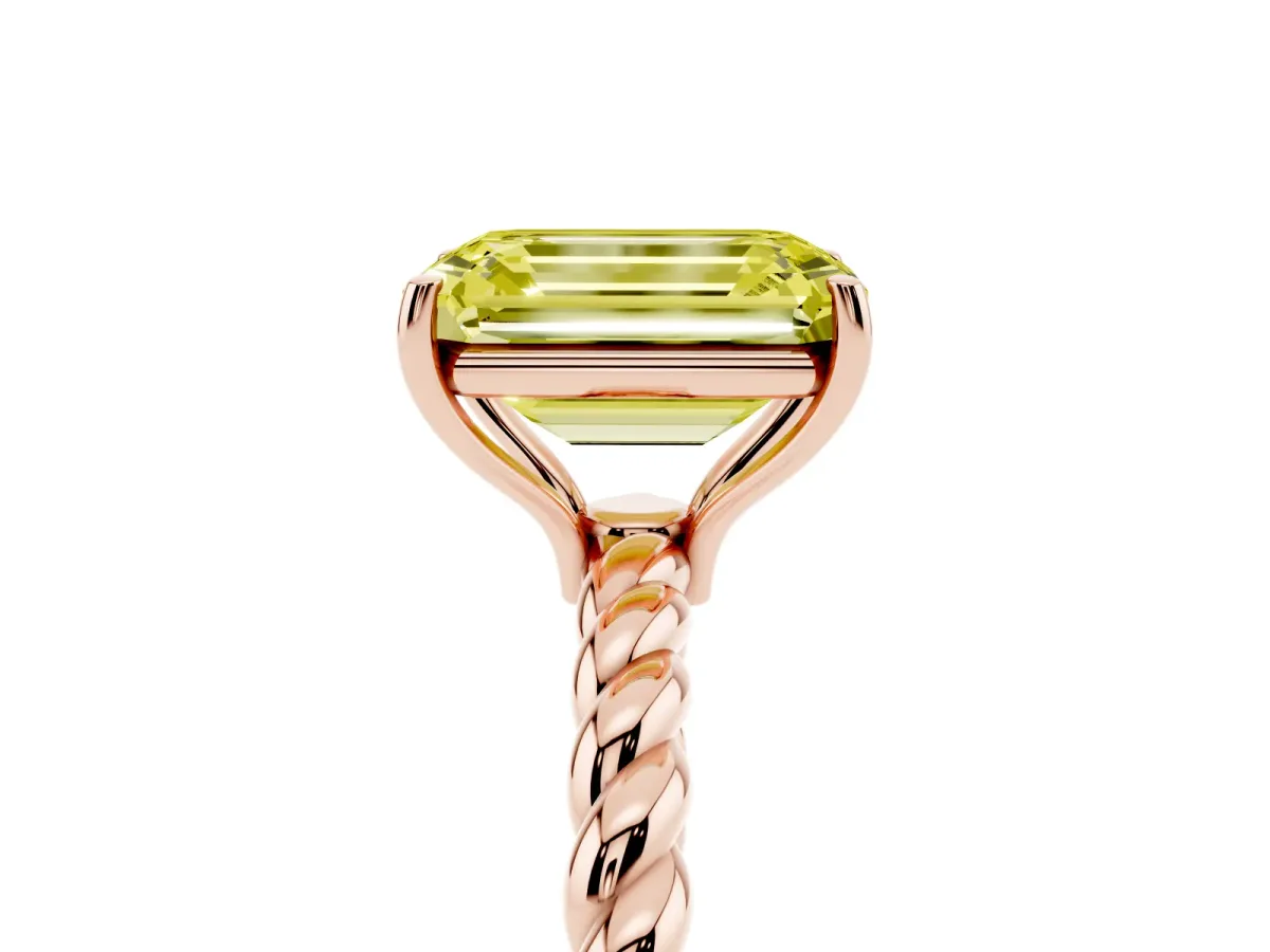 Fancy Yellow Emerald Cut Solitaire Twisted Band 4-Prong Ring Rose gold