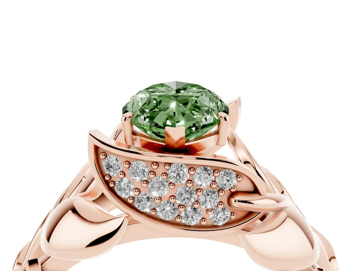 Fancy Green Marquise Cut Diamond Leaf-Inspired Engagement Ring with Round Accents and Prong Setting Rose gold