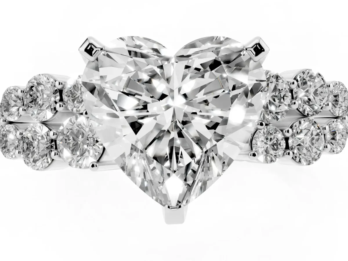 Heart Cut Cluster Diamond Engagement Ring with Pavé Band and Four-Prong Setting Silver