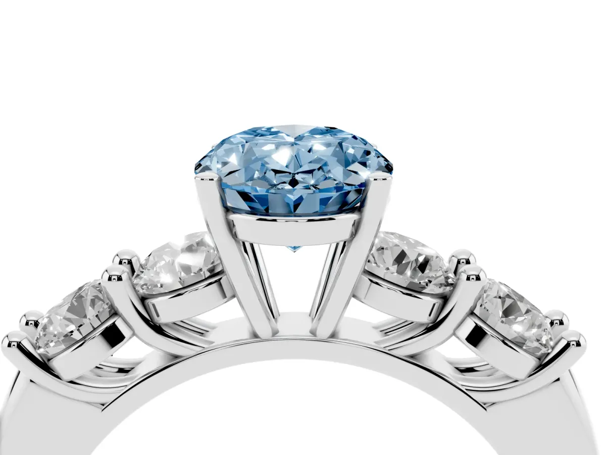 Fancy Blue Oval Cut Cut Five-Stone Prong Set Diamond Ring with Classic Band Silver