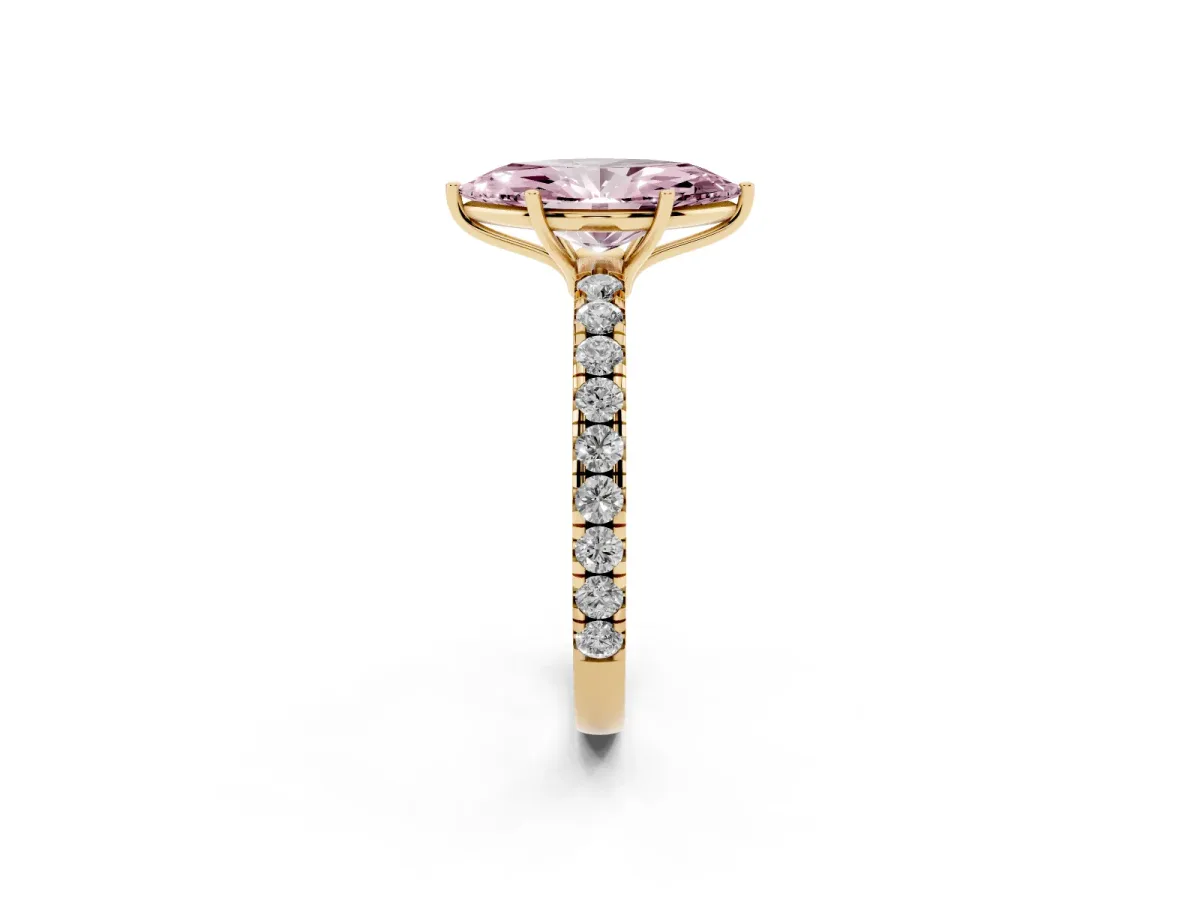 Fancy Pink Marquise Cut Diamond Pavé Solitaire Engagement Ring with Four-Prong Setting Yellow gold