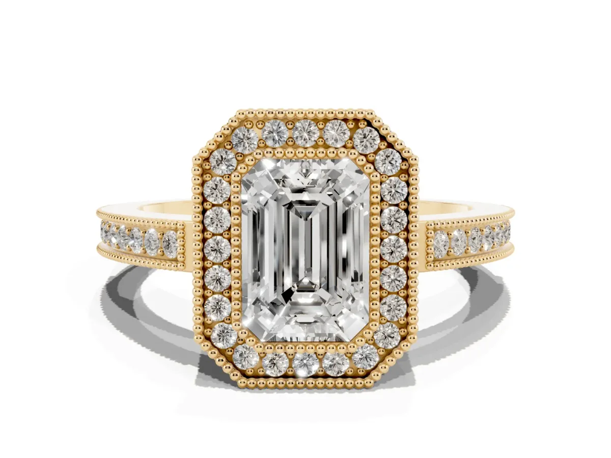 Emerald Cut Cut Halo Diamond Ring with Pavé Band and Milgrain Prong Setting Yellow gold