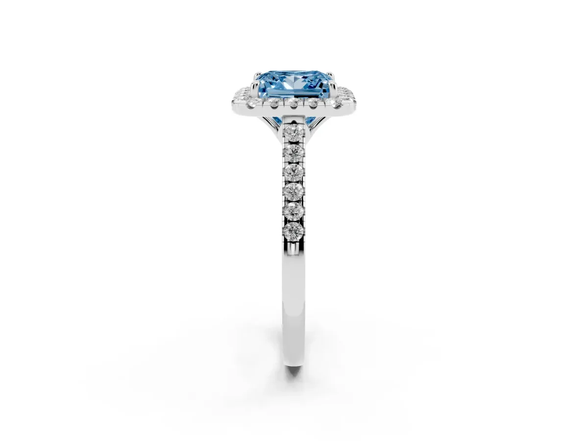 Fancy Blue Princess Cut Halo Pavé Diamond Engagement Ring with Four-Prong Setting Silver