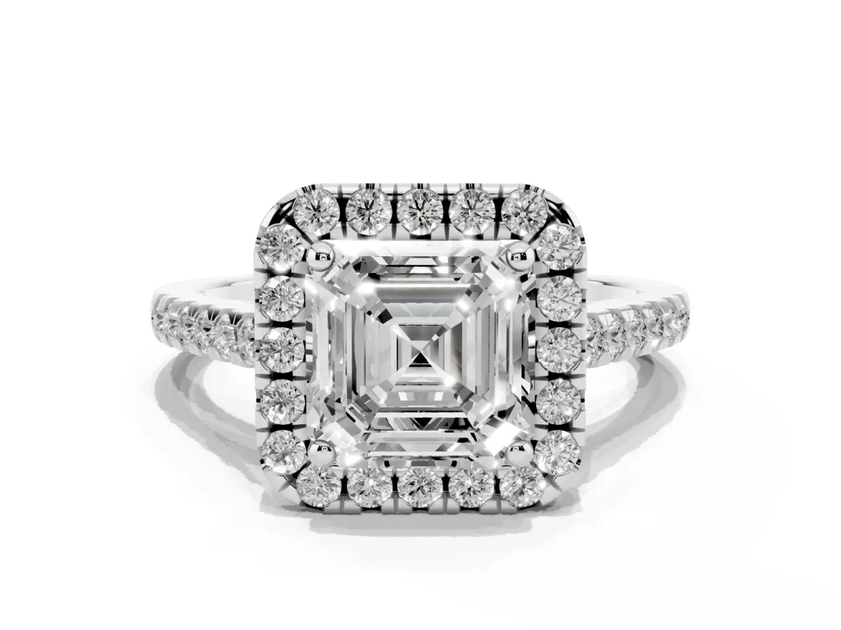 Asscher Cut Halo Pavé Diamond Engagement Ring with Four-Prong Setting Silver