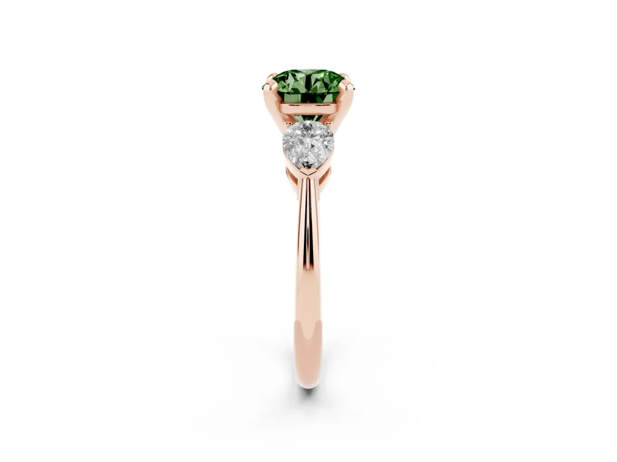 Fancy Green Three-Stone Round Cut Diamond Ring with Pear Side Stones and Four-Prong Setting Rose gold
