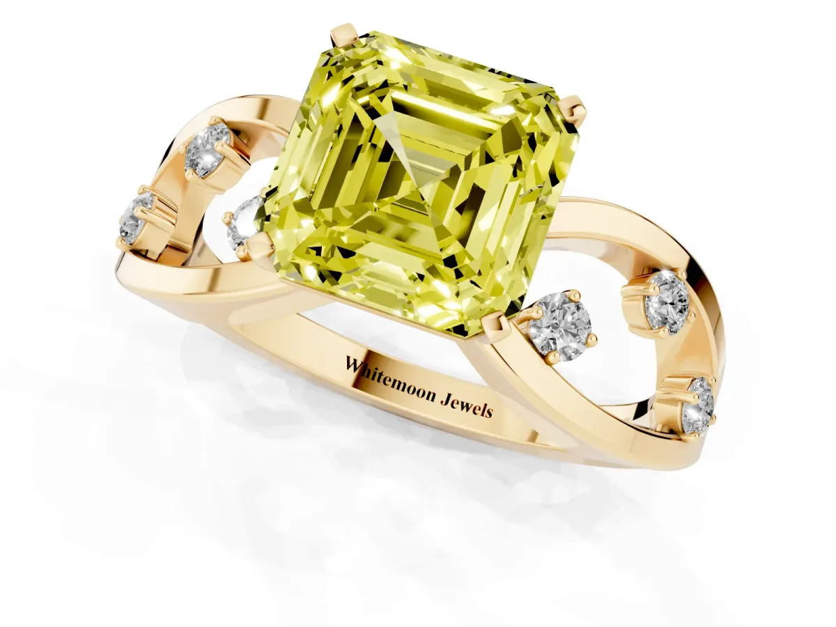 Fancy Yellow Asscher Cut Cut Solitaire Diamond with Side Stones on Criss-Cross Band and Four-Prong Setting Yellow gold