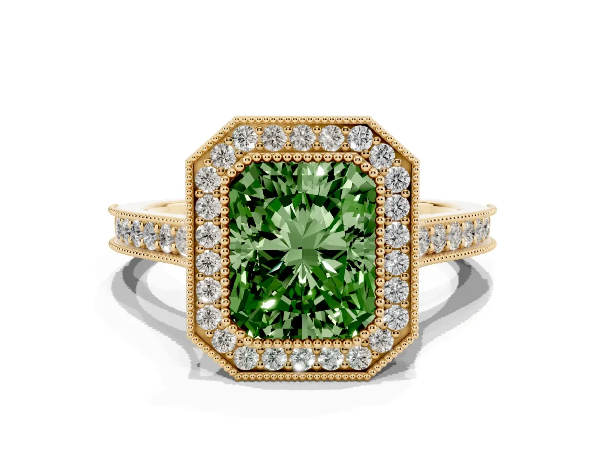 Fancy Green Halo Radiant Cut-Cut Diamond Pave Band Milgrain Prong Setting Ring Yellow gold