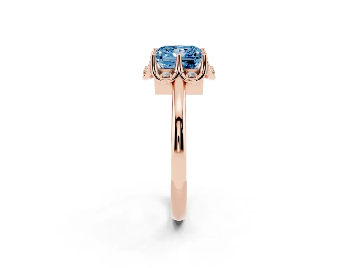 Fancy Blue Princess Cut Halo Diamond Ring with Round Cluster Setting, Solitaire Band, and Four-Prong Setting Rose gold