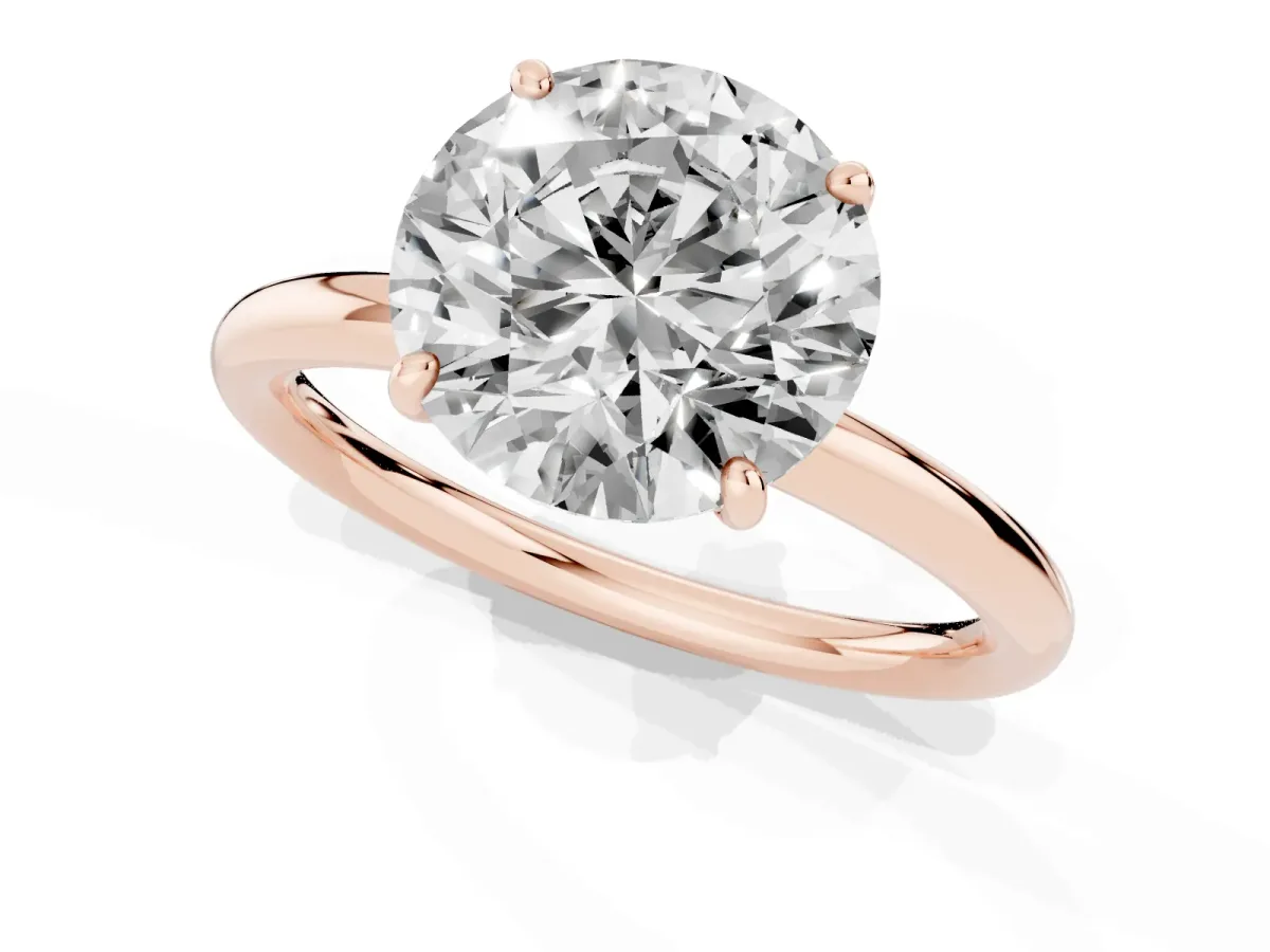 Round Cut Solitaire Diamond Ring with Four-Prong Setting on a Plain Band Rose gold