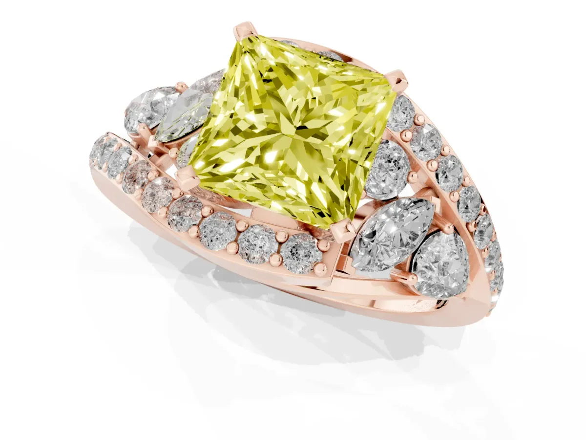 Fancy Yellow Princess Cut Diamond Halo Ring with Marquise and Pavé Band in Prong Setting Rose gold